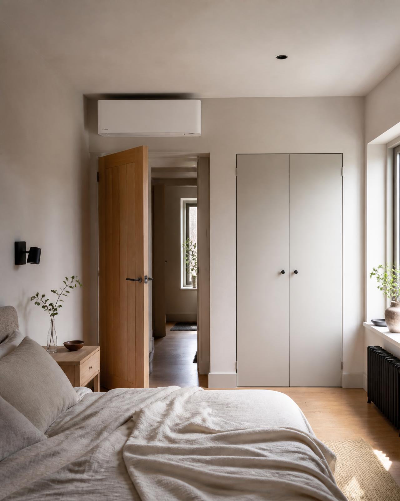 Calm UK bedroom with a discreet wall-mounted air conditioning unit