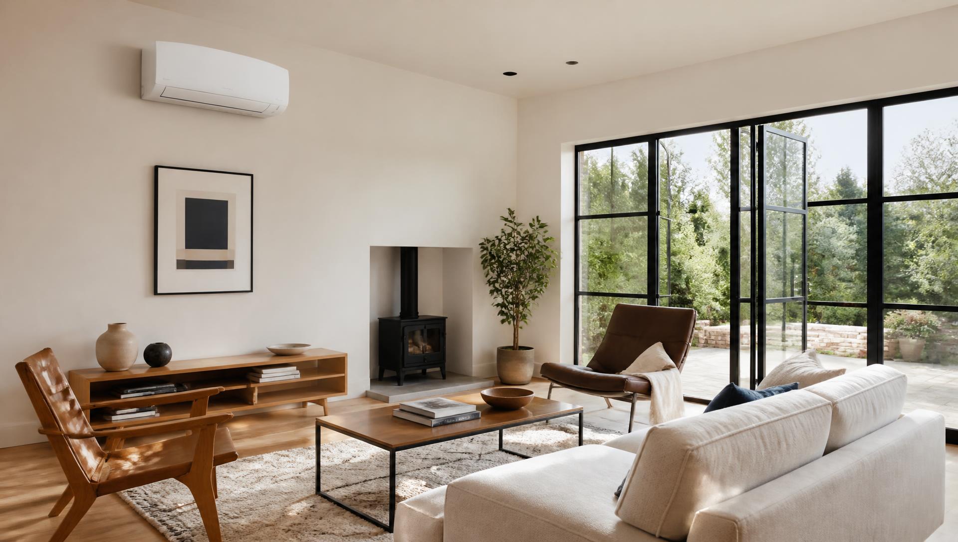 Bright contemporary UK living room with a discreet wall-mounted air conditioning unit